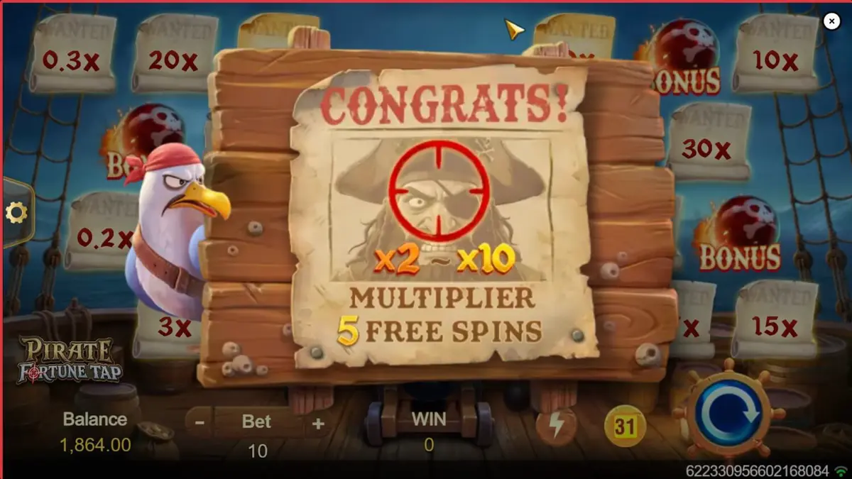 Interface de jogo do slot Pirate Fortune Tap com tema de piratas e canhões
