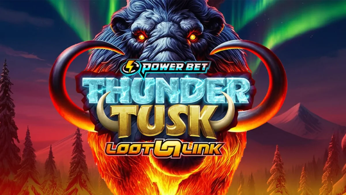 Cenário gelado de tundra com mamutes e elementos de tempestade no slot Thunder Tusk