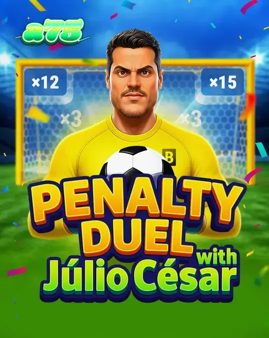 Interface do jogo Penalty Duel com Júlio César destacando o goleiro e o gol